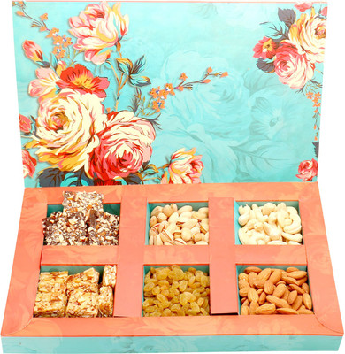 

Ghasitaram Gifts Floral Hamper box with Roasted Almond Bites, English Brittles Chocolates and Dryfruits Combo(7)