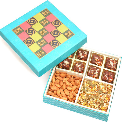 

Ghasitaram Gifts Healthy Hampers-Blue Pcolourful Print 8 Pcs Sugarfree Dates and Figs Bites ,Almonds and Roasted Namkeen Hamper Box Combo(4)