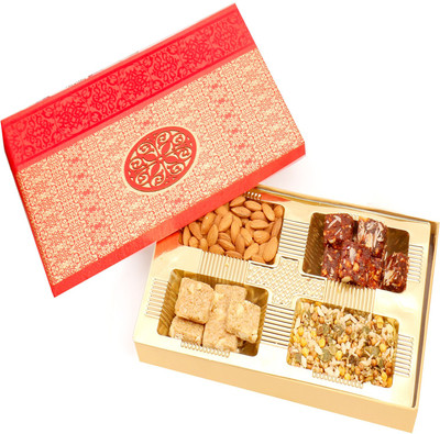 

Ghasitaram Gifts Healthy Hampers-Red Satin Hamper box with Almonds, Sugarfree Dates Figs Bites, Granula Bites and Roasted Namkeen 400 gms Combo(5)