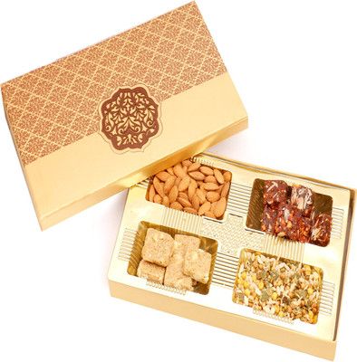 

Ghasitaram Gifts Healthy Hampers-Golden Satin Hamper box with Almonds, Sugarfree Dates Figs Bites, Granula Bites and Roasted Namkeen 400 gms Combo(5)