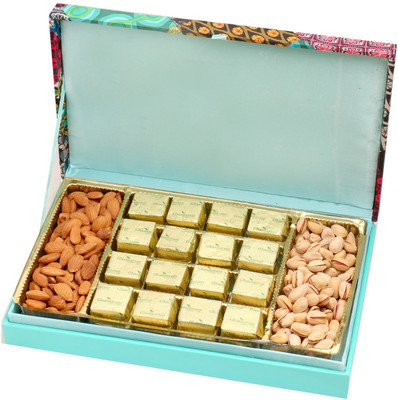

Ghasitaram Gifts Festive Wooden Hamper box with Mewa Bites, Almonds and Pistachios Combo(4)