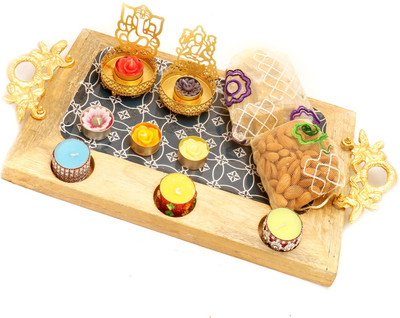 

Ghasitaram Gifts Healthy Hampers-Big Wooden Serving platter with Shadow Laxmi Ganesha T-lite, 6 t-lites, Almonds and Granula Bites Pouches Combo(10)