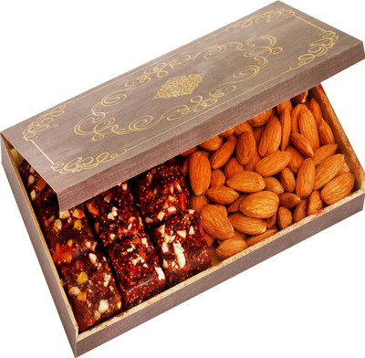 

Ghasitaram Gifts Healthy Hampers-Wooden 9 Pcs Sugarfree Dates and Figs Bites and Almonds Box Combo(3)