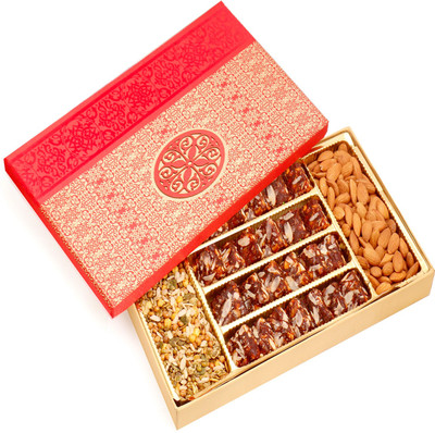 

Ghasitaram Gifts Healthy Hampers-Red Satin Hamper box of Sugarfree Dates and Figs Bites, Almonds and Roasted Namkeen Combo(4)