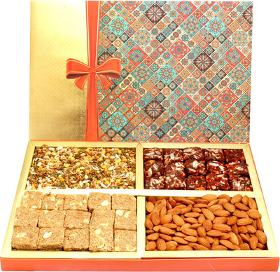 

Ghasitaram Gifts Healthy Hampers-Printed Bow Hamper box with Almonds, Sugarfree Dates Figs Bites, Granula Bites and Roasted Namkeen 800 gms Combo(4)
