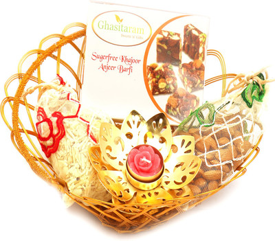 

Ghasitaram Gifts Healthy Hampers- Gold Wired Basket with Sugarfree Mix, Almonds, Roasted Protein Mix Namkeen Pouch with Golden T- Lite Combo(5)