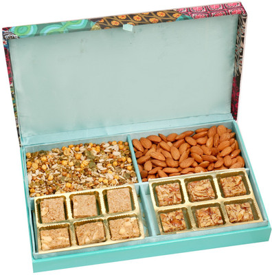 

Ghasitaram Gifts Healthy Hampers-Festive Wooden Hamper box with Almonds, Sugarfree Dates Figs Bites, Granula Bites and Roasted Namkeen 800 gms Combo(5)