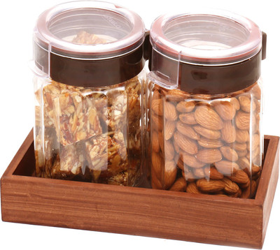 

Ghasitaram Gifts Set of 2 Almonds, Roasted Almond Bites Air Tight Containers with Wooden Tray Combo(4)