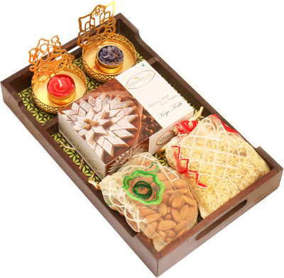 

Ghasitaram Gifts Green Wooden Serving Tray with Kaju Katli, Almonds, Namkeen Pouchs and shadow t-lites Combo(6)