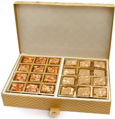 

Ghasitaram Gifts Healthy Hampers-Gold 4 Print 12 Pcs Roasted Almond and 12 pcs Granula Bites Box Combo(3)