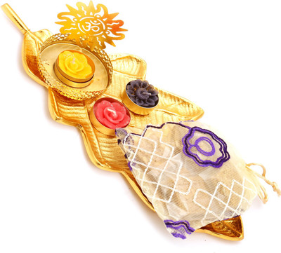 

Ghasitaram Gifts Healthy Hampers- Golden Leaf Thali/ Platter with Om T-Lite and Granula Bites Pouch Combo(3)