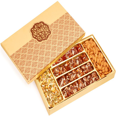 Ghasitaram Gifts Healthy Hampers-Golden Satin Hamper box of Sugarfree Dates and Figs Bites, Almonds and Roasted Namkeen Combo(4)