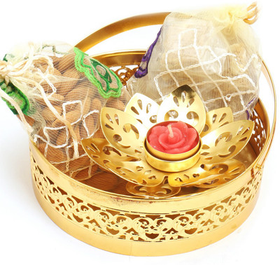 

Ghasitaram Gifts Healthy Hampers-Round Golden Basket with alomnds, Granula bites Pouches and Golden T- Lite Combo(4)
