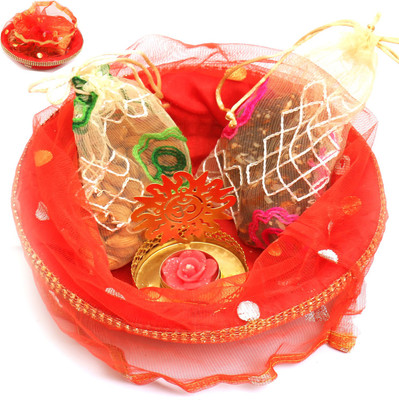 

Ghasitaram Gifts Healthy Hampers-Red Potli Basket with Sugarfree Mix and Almonds Pouch and Om T- lite Combo(4)