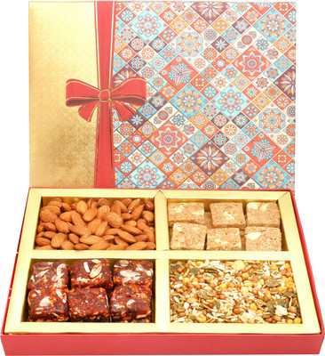 

Ghasitaram Gifts Healthy Hampers-Printed Bow Hamper box with Almonds, Sugarfree Dates Figs Bites, Granula Bites and Roasted Namkeen 400 gms Combo(4)