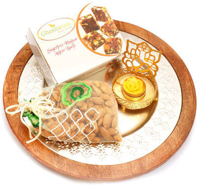 

Ghasitaram Gifts Healthy Hampers-Silver wooden Platter with Sugarfree Mix, almonds Pouch and Ganesha T-Lite Combo(4)