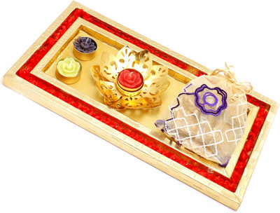 

Ghasitaram Gifts Healthy Hampers- Red and Gold Thali/ Platter with Golden T-Lite and Granula Bites Pouch Combo(3)