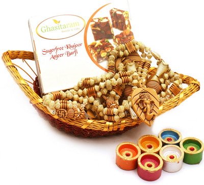 

Ghasitaram Gifts Healthy Hampers-Boat Basket with Sugarfree Mix, Toran and Diyas Combo(9)