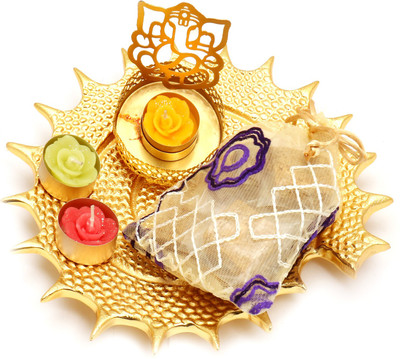

Ghasitaram Gifts Healthy Hampers- Golden Shell Thali/ Platter with Ganesha T-Lite and Granula Bites Pouch Combo(3)