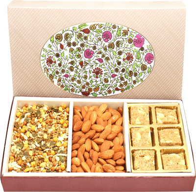 

Ghasitaram Gifts Healthy Hampers-3 Part Eco Almonds, Granula Bites and Roasted Namkeen Box Combo(4)