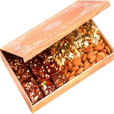 

Ghasitaram Gifts Healthy Hampers-Wooden 12 Pcs Sugarfree Dates and Figs Bites , Roasted Protein Mix and Almonds Box Combo(3)