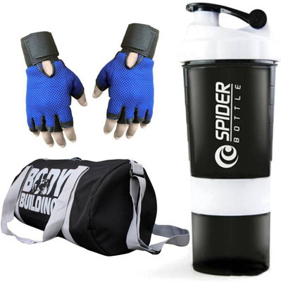 

Snipper Combo of Bodybuilding Gym Bag, Gloves Blue and Spider Shaker(white) Gym & Fitness Kit