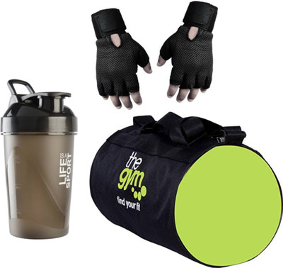 

S.Blaze Combo of Gym Accessories Kit or Fitness Kit, 20l Green Gym Bag + Hand Support Black Gym Gloves + 500ml Black Life is a Sport Shaker Bottle / Protein Shaker / Sipper for Both Men's & Women's, Boy's & Girl's. Gym & Fitness Kit