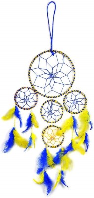 CRYSTU Multi Round Dream Catcher Yellow Feather Wall Hanging Dream Catcher for Positive Energy and Protections Size 55 x 15 cm Approx Wool Dream Catcher(50 inch, Yellow, Blue)