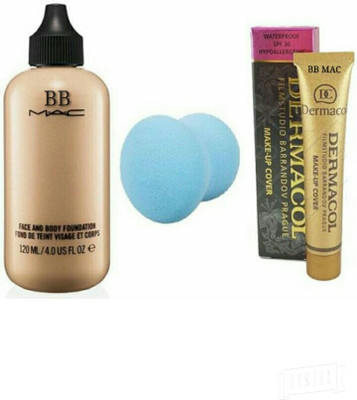 

BB MAC Studio face & body fond de teint foundation of 120ml, Dermacol makeup cover waterproof, 1 sponge puff. (set of 3)(Set of 3)
