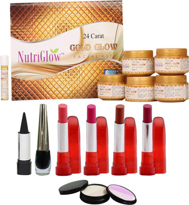 

NutriGlow Set of 4 Lipsticks + 1 Eye liner + 1 Kajal + 1 Compact +1 Gold Glow facial kit(Set of 8)