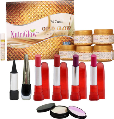 

NutriGlow Set of 1 Gold Glow facial kit + 1 Compact + 4 Lipsticks + 1 Eye liner + Kajal(Set of 8)