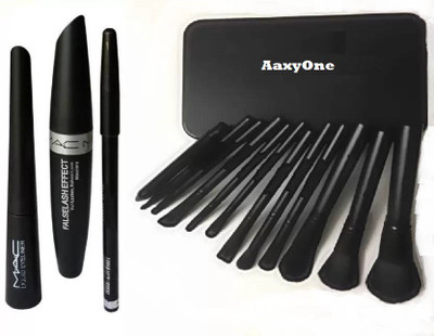 

aaxyone 12 Peice Makeup Brush Set & MAC Liquid Eye Liner & Mac Mascara & Mac Eyebrow Pencil (MAC 3 in 1)(Set of 4)