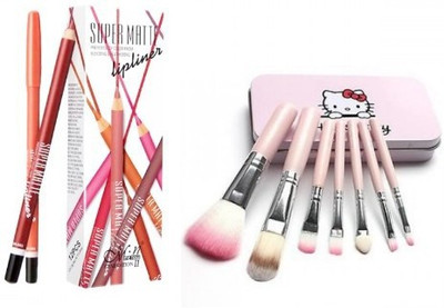 

THE TIP TOP HELLO KITTY MAKE UP BRUSH & MN SUPER MATTE LIPLINER ( MULTICOLOUR 12 PICE)(Set of 2)