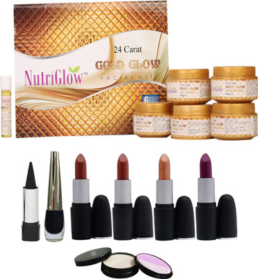 

NutriGlow Set of 4 Lipsticks + 1 Eye liner + 1 Kajal + 1 Compact +1 Gold Glow facial kit(Set of 8)