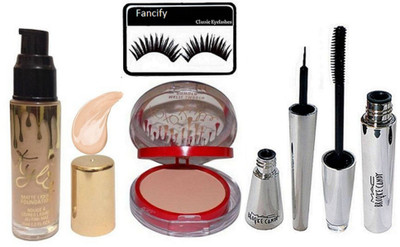 

fancify Eyelashes , Kylie Matte Liquid Foundation , BB Mtte Smooth Powder Compact & Brooke Cndy Eyeliner + Mascara(Set of 5)