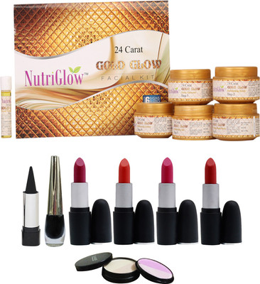 

NutriGlow Set of 4 Lipsticks + 1 Eye liner + 1 Kajal + 1 Compact +1 Gold Glow facial kit(Set of 8)