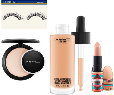 

glorist Eyelashes & Mac Waterweight Foundation,Powder Plus Foundation Studio Fix Pressed Powder Compact,Vibe Tribe Lipstick(Set of 4)
