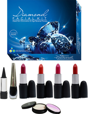 

NutriGlow Set of 1 Skin radiance Diamond radiance facial kit + 4 Lipsticks + 1 eye liner + 1 kajal + 1 compact ( 5in1 )(Set of 8)
