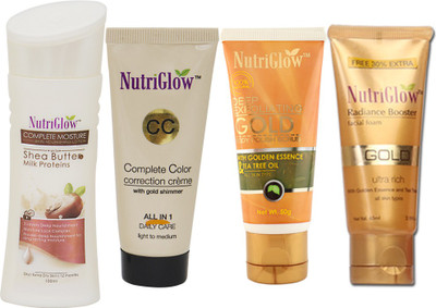 

NutriGlow Set of 1 Shea butter body lotion + 1 CC cream + 1 Gold booster face wash + 1 Gold facial scrub(Set of 4)