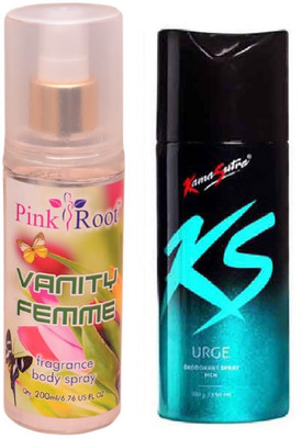 

Pink Root VANITY FEMME MIST 200ML WITH KAMASUTRA URGE DEO(Set of 2)