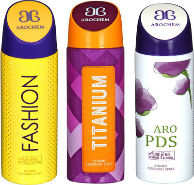 

AROCHEM FASHION , TITANIUM AND ARO PDS DYNAMIC PURE Deodorant Spray - For Men & Women(200 ml, Pack of 3)
