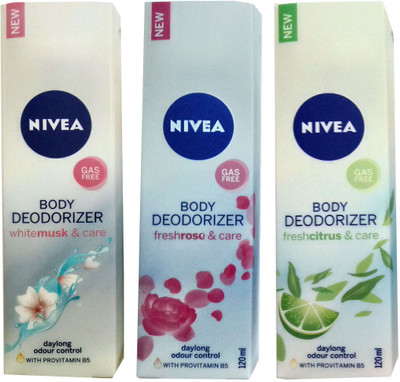 

Nivea FRESH CITRUS & CARE BODY DEODORIZER 120ml +FRESH ROSE & CARE BODY DEODORIZER 120ml +WHITE MUSK & CARE BODY DEODORIZER 120ml Deodorant Spray - For Men & Women(120 ml, Pack of 3)