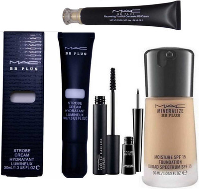 

MAC BB PLUS ORIGINAL HIGH QUALITY MAC FOUNDATION STROBE CREAM,MAC RECOVERING YOUTH FULL CONCEALER BB CREAM,Mac Mineralize Moisture Foundation & Liquid EyeLiner & Mascara FOR ALL SKIN TONE ( Set of 5 ) Foundation(NATURAL)