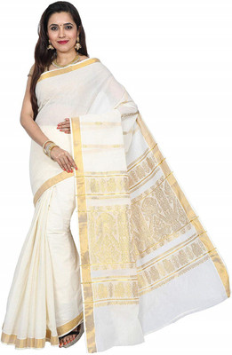 RSV FABRICS Self Design Kasavu Cotton Blend Saree(White)