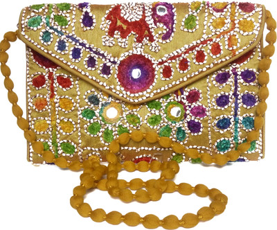 KASIA Women Evening/Party Gold Cotton, Silk Sling Bag