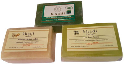 

Khadi Herbal SOAP(MULTANI MITTI & HALDI+TEA TREE+PURE NEEM & ALOEVERA)-PACK OF 3(125 g, Pack of 3)