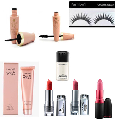 

FASHION 1 Imported combo of eyelashes,Mac prep+prime,Mac long lasting lipstick,lakme lipstick,9to5 eyeliner,mascara, 9to5 foundation (set of 8)(Set of 8)