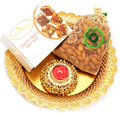 

Ghasitaram Gifts Healthy Hampers-Golden Thali with Almonds and Sugarfree Mix Pouches with Gungroo T- Lite Combo(4)