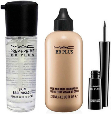 

MAC BB PLUS Imported Combo 1 Mac Face Primer ,1 Mac Foundation , 1 Mac Liquid EyeLiner Blackest Waterproof For All Skin Tone Foundation(NATURAL)