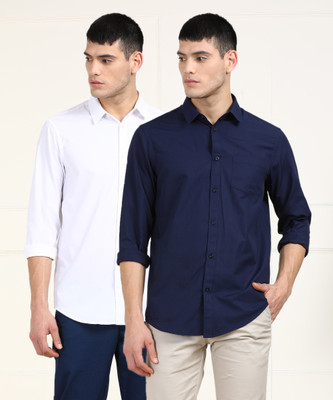 Metronaut Men Solid Formal White, Dark Blue Shirt(Pack of 2)